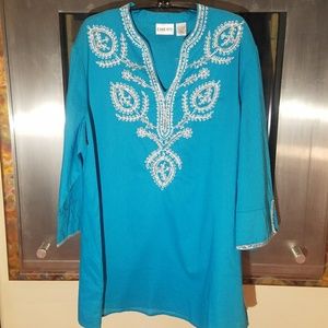 CHICO'S SEQUINED COTTON BLUE TUNIC TOP XL